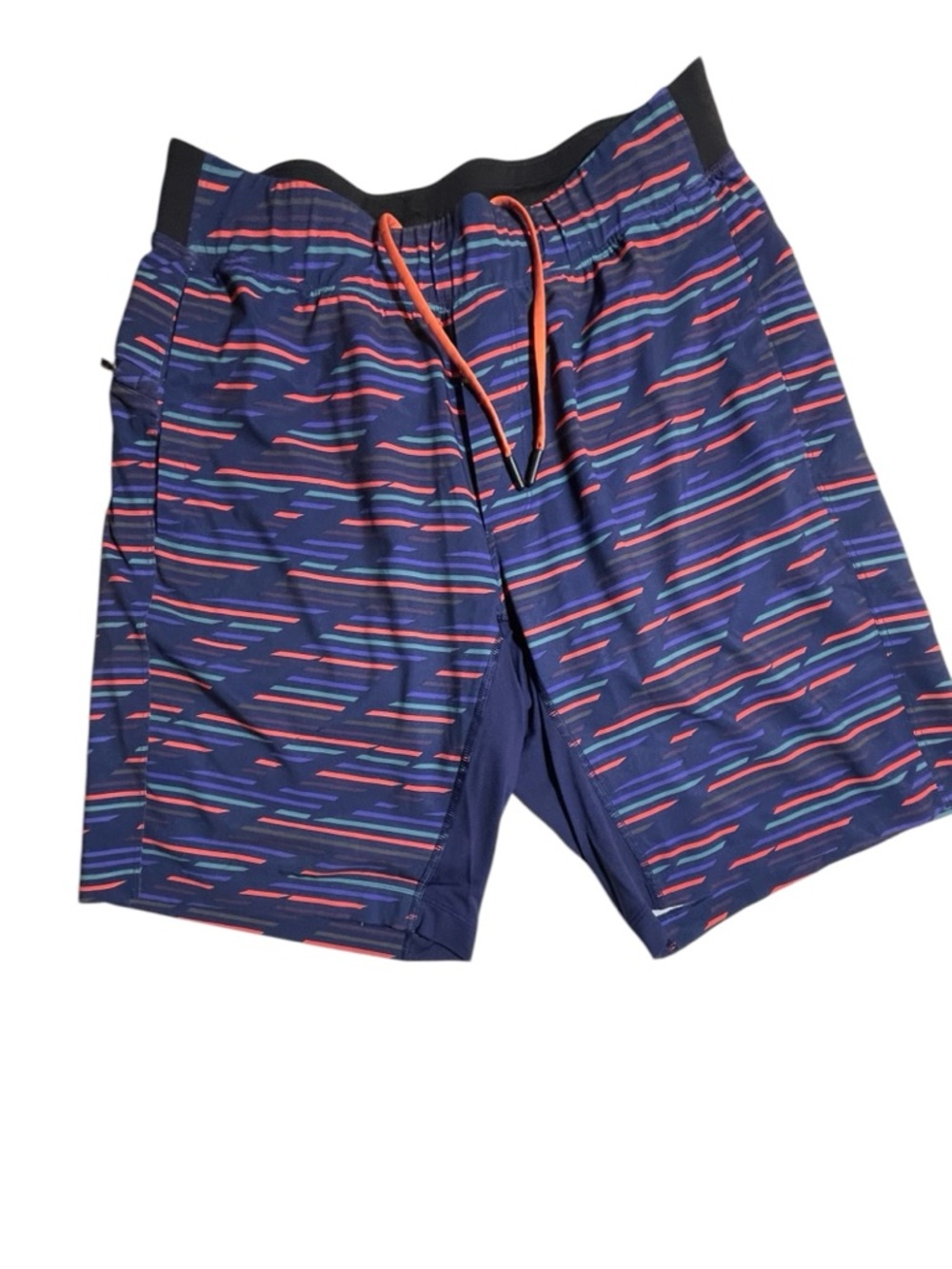 Lululemon T.H.E. Lined‎ Navy Multistripe Athletic Shorts with Orange Drawcord